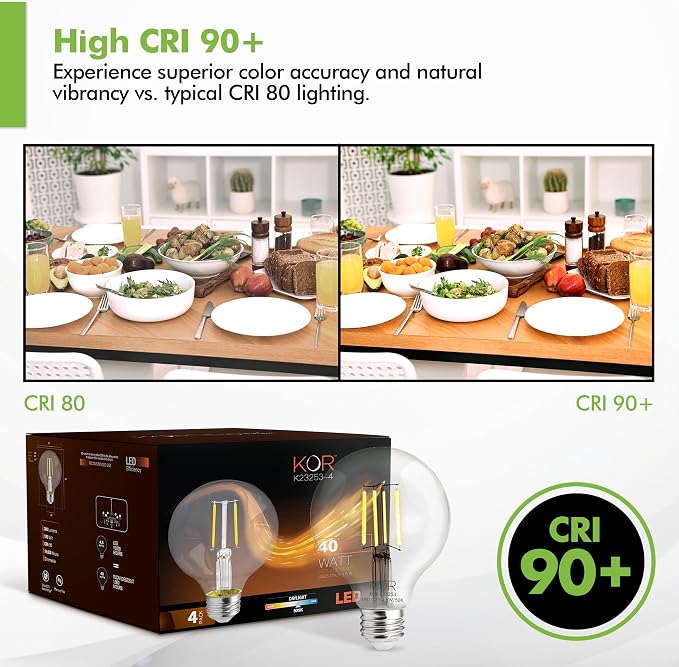 KOR LED G25 Filament Globe Bulbs, 4 pack, 40 Watt Equivalent, 5000K Bright White, Edison Dimmable 4.5W, E26 Medium Base, 360 Lumens, CRI 90, Clear Glass Light Bulbs for Bathroom, Makeup Mirror, Vanity