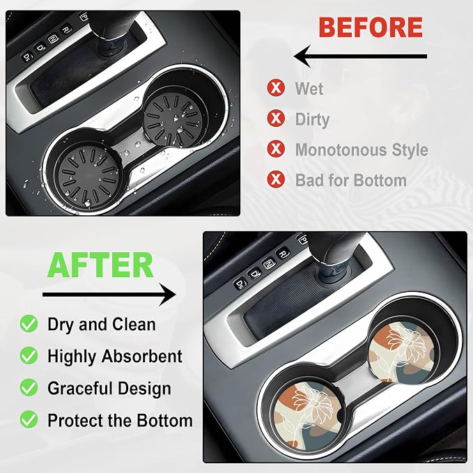2 Pack Car Coasters for Cup Holders, 2.56" Universal Absorbent Ceramic Stone Car Cup Holder Coasters with Non-Slip Cork Base, Car Interior Accessories for Women Men(Boho Flower)