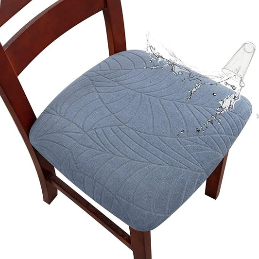 Genina Waterproof Seat Covers for Dining Room Chairs, Stretch Chair Covers Removable Washable Dinning Room Kitchen Chair Seat Cushion Slipcovers (Leaves-Light Blue, 2 PCS)