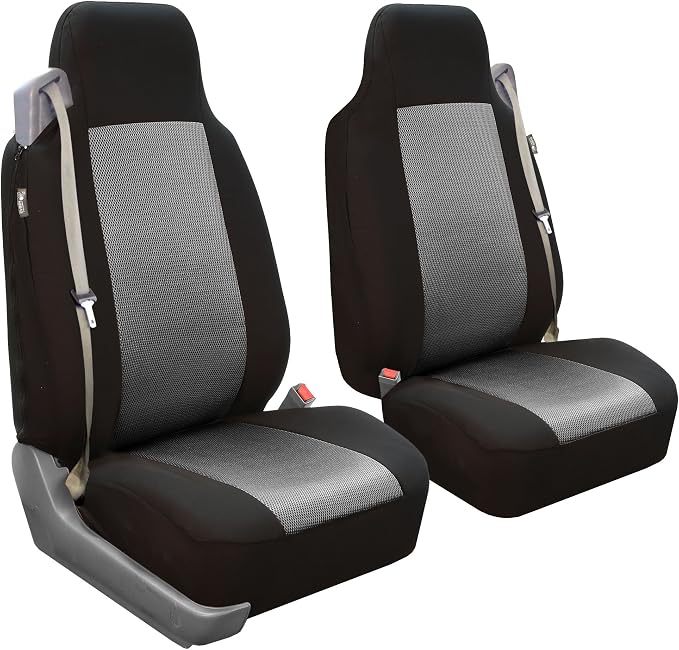 FH Group FH-FB302114 All Purpose Flat Cloth Car Seat Covers Gray/Black Color with F11306 Vinyl Floor Mats- Fit Most Car, Truck, SUV, or Van