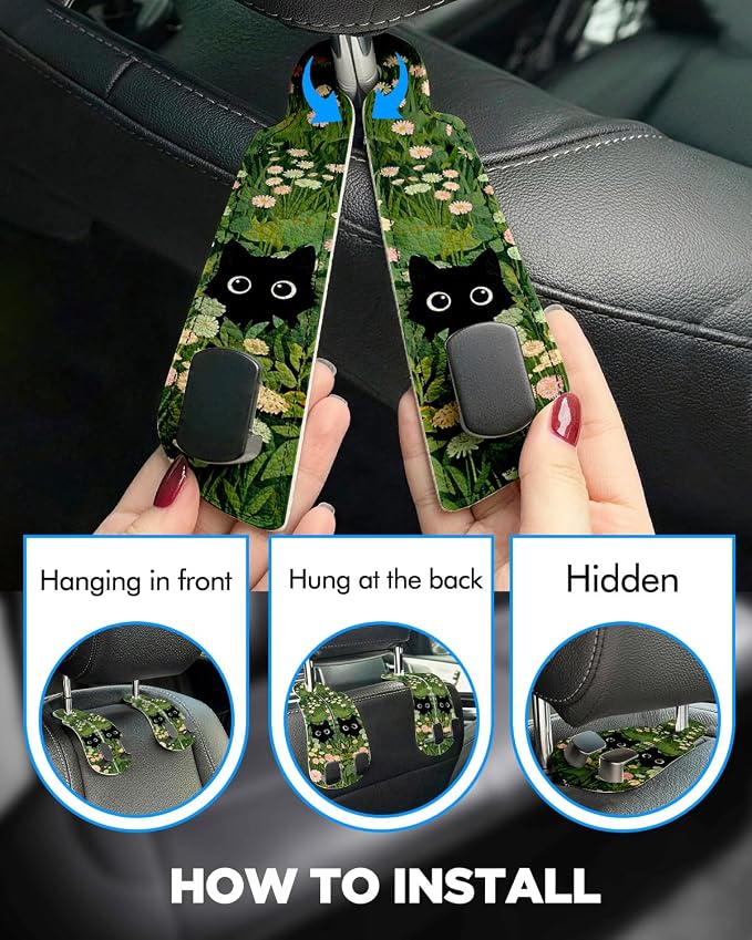 WOCOCN Purse Holder for Car, 2 Pack Heavy Duty Purse Hanger for Car, PU Leather Car Seat Hooks for Purses and Bags, Cute Grass Cat Headrest Organizer for Handbags & Backpacks