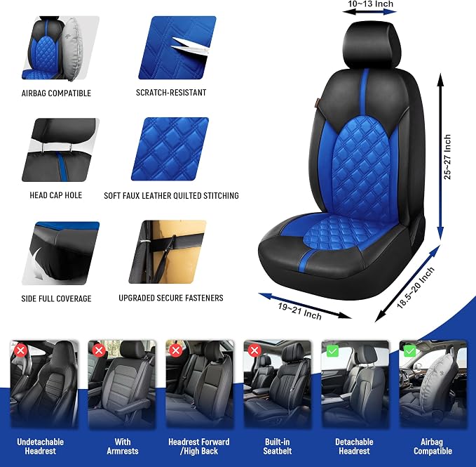 CAROMOP Luxury PU Leather Car Seat Covers Front Set, Anti-Stain Waterproof Automotive Seat Covers for Cars, Universal Car Interior Covers Seat Protectors for SUVs Pick-up Trucks(Royal Blue)