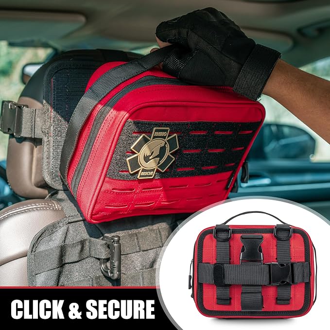 RHINO RESCUE Vehicle IFAK Trauma Kit with CAT Tourniquet Red | Car Headrest Pack, Molle System, TCCC Compliant, Trauma First Aid Kit, Vehicle/Backpack Mount, HSA/FSA Approved