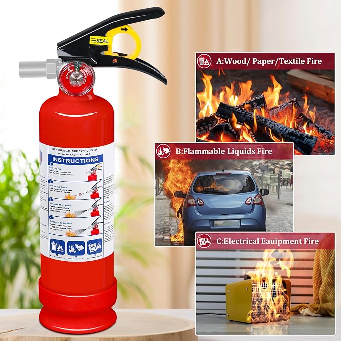 ABC Dry Chemical Fire Extinguisher, 2.5 lb 1A:10B:C Rated - Quick-Release Handle, Compact Portable Fire Safety Gear for Home Vehicle Boat RV Kitchen Grill