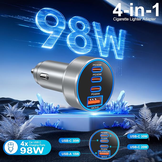 USB C Car Charger, Bangfun 98W Super Fast Charging Cigarette Lighter Adapter Multiport 12V-24V USB Phone Car Charger Plug for iPhone 17 17e 16 15 14 13 12 Pro Max Pad Galaxy Pixel Android(Gray)