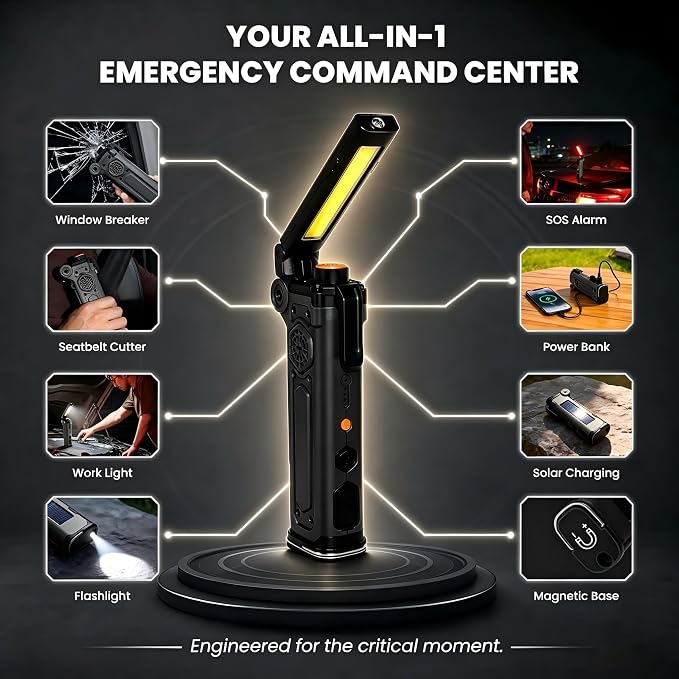 8-in-1 Car Emergency Escape Tool with Spring-Loaded Window Breaker | Seat Belt Cutter, Magnetic Work Light, Emergency Flashlight & Power Bank for Roadside Emergencies, Camping & Daily Driving