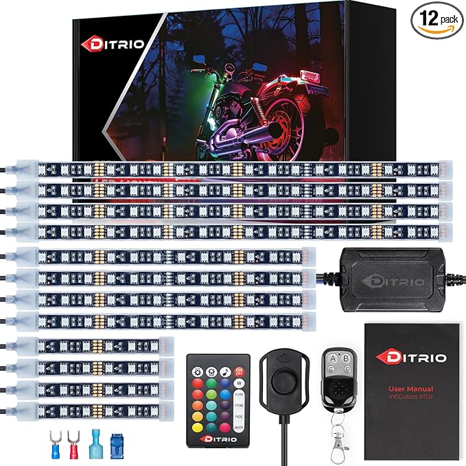 DITRIO 12pcs Underglow RGB LED Strip Light Kit DC 12V with 2 Red Blinking Brake Light Styles for Motorcycles Trikes Golf Carts ATVs UTVs – M12r