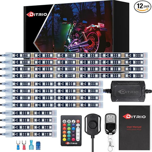 DITRIO 12pcs Underglow RGB LED Strip Light Kit DC 12V with 2 Red Blinking Brake Light Styles for Motorcycles Trikes Golf Carts ATVs UTVs – M12r