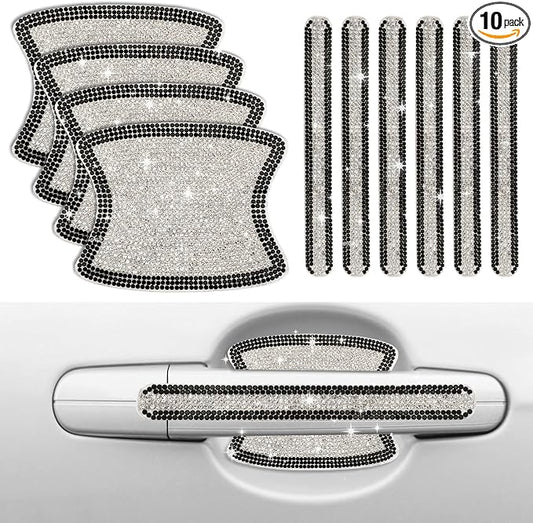10PCS Car Door Handle Protector Bling Rhinestones Stickers Universal Auto Door Handle Scratch Cover Guard Protective Film Pad with Safety Reflective Strips Bling Car Accessories (Silver and Black)