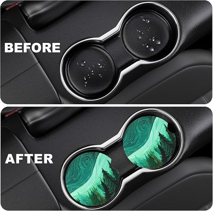 2 Pack Car Cup Holder Coaster, 2.63 inch Anti Slip Insert Absorbent Ceramic Car Coaster with Cork Base and Finger Notch, Cute Car Accessories Interior for Women, Cute Car Coasters.