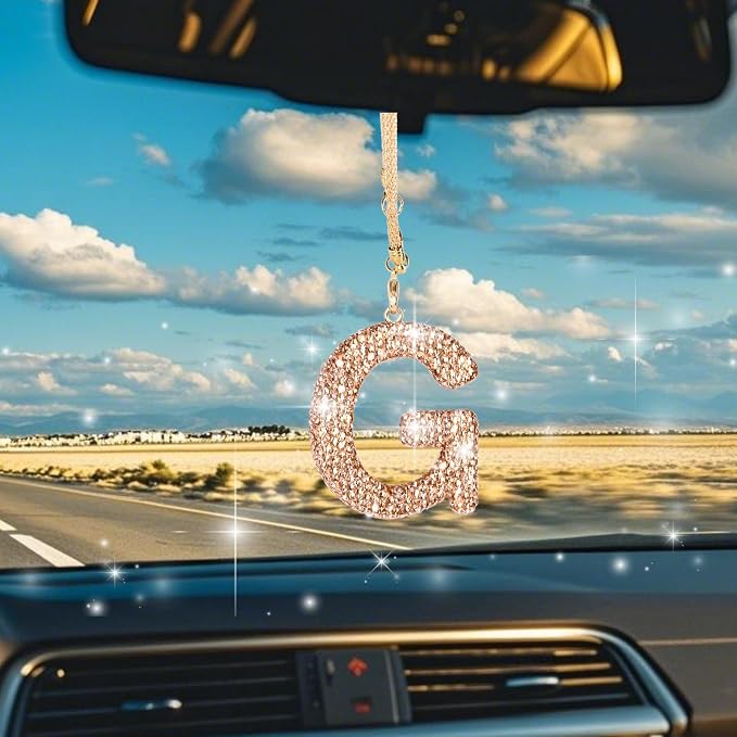 Bling Car Accessories for Women Letter Charm, Rainbow Crystal Rearview Mirror Pendant, Cute Diamond Rhinestone Car Decor, Lucky Gift for Women(G, Champagne Gold)