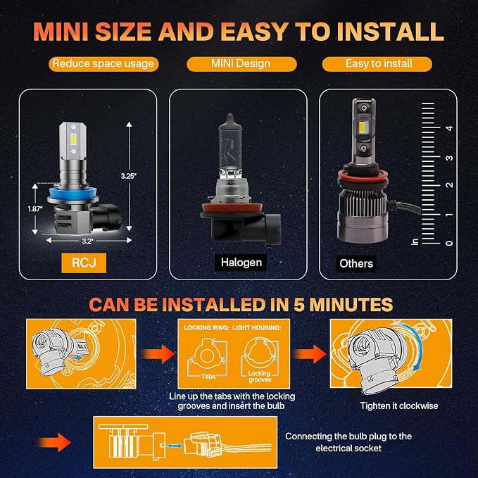 RCJ H11/H8/H9 Fog Light Bulbs, 6000K Cool White, Plug-N-Play, Pack of 2 | 16000LM, 12000RPM Cooling Fan, 1:1 Mini Size, 16 LED Chips, Aircraft-Grade Aluminum, 50,000 HRS Lifespan