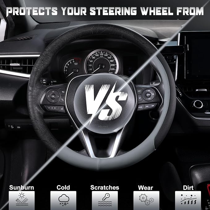 SEG Direct Steering Wheel Cover for 14.5-15 inch Wheels, Breathable PU Leather with Perforated Sides, Anti-Slip Grip, Universal Fit for Cars & SUVs, Black and Gray