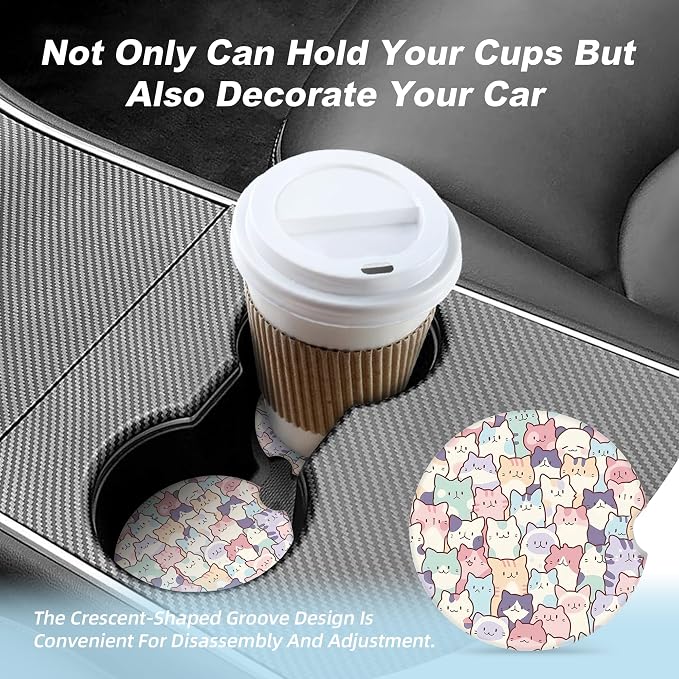 Cute Colorful Cats Car Coasters for Cup Holders,2 Pack Car Cup Holder Coasters for Car,Ceramic Absorbent Car Coaster with A Finger Notch and Cork Base,Car Interior Accessories for Women Men