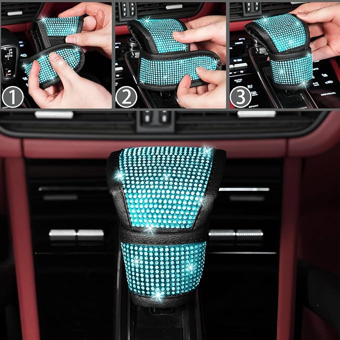 NBTEPEM 30 Pcs Aquamarine Bling Car Accessories Set for Women, Steering Wheel Cover Set, Bling Console Cover, Seat Belt Cushion, Shift Knob Cushion, Cup Coaster, Rhinestone Car Hanging Accessories