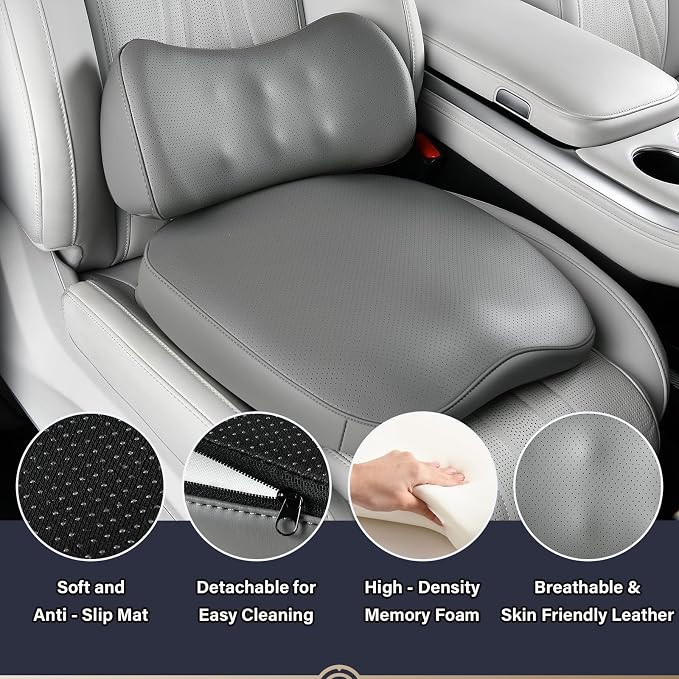Coverado Memory Foam Car Seat Cushion and Lumbar Support Pillow for Driving Seat, Ergonomic Design Soft and Breathable PU Leather, High Density Memory Foam for Neck & Lower Back Pain Relie