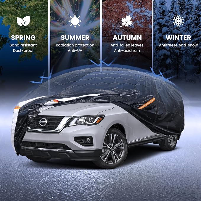 Multi-Layer Car Cover Custom Fit for Nissan Pathfinder(2004-2026), 100% Waterproof All Weather for Automobiles, Gift with Towel, Heavy Duty Car Covers for Rain Sun UV Protection with Door Zipper