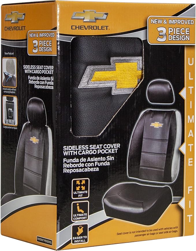 Plasticolor 008599R01 Chevy Chevrolet Logo Universal Fit Car Truck or SUV Sideless 3-Piece Seat Cover w/Head Rest , Black