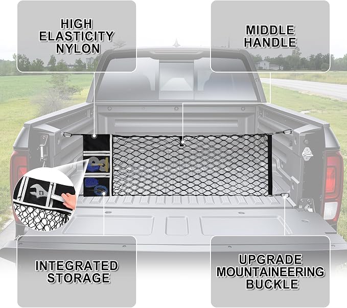 Amiss Truck Bed Cargo Net with Side Organizer,Fits for 2013-2026 Chevy Silverado & GMC Sierra 1500/2500HD/3500HD, Portable Storage for Pickup Cargo and Heavy Duty Hook, Car Exterior Accessories