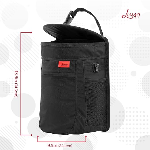 Lusso Gear Spill-Proof Car Trash Can (2 Pack) - Easy to Clean Hanging Garbage Bin - Leak-Proof, Removable Liner, Waterproof - Keeps Truck, SUV, Car, Minivan Clean & Odor Free (Black, Red Stitching)