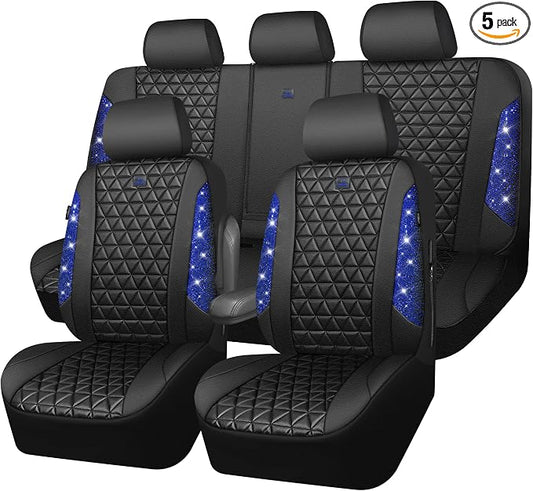 CAR PASS Bling Diamond Black Leather Car Seat Covers Full Set Interior Sets, Waterproof Shining Glitter Sparkly Crystal Universal Armrest Fit Automotive Truck SUV Cute Women Girl, Blue Rhinestone