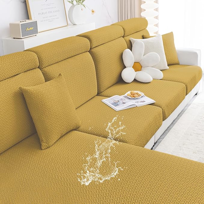 Smiry Waterproof Couch Cushion Covers, Stretch Jacquard Thick Sofa Cushion Covers, Washable Seat Slipcover Elastic Furniture Protector for Pets, Kid (Medium, Ginder Yellow)