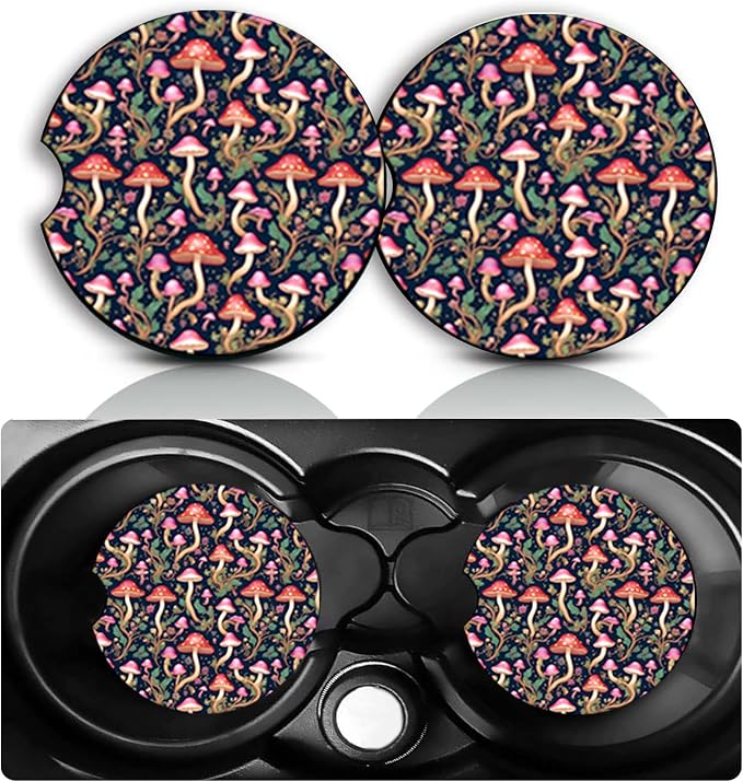 Mushroom Car Cup Holder Coasters Set of 2 – Fun Mushroom Car Accessories 2.75" Universal Size Anti Slip Rubber Mat Recessed Auto Insert Coasters Decor Mushrooms Gifts for Women Men Dad Grandpa