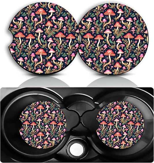 Mushroom Car Cup Holder Coasters Set of 2 – Fun Mushroom Car Accessories 2.75" Universal Size Anti Slip Rubber Mat Recessed Auto Insert Coasters Decor Mushrooms Gifts for Women Men Dad Grandpa