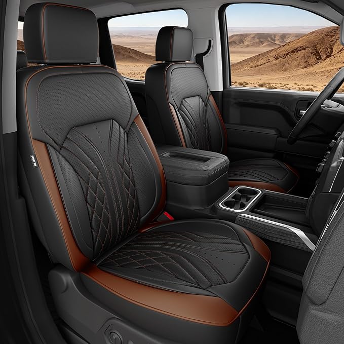 Truck Leather Seat Covers for Chevy Silverado Gmc Sierra 2019-2026 | Crew Cab 1500/2500/3500HD, Bucket Seat, NO Rear Seatback Storage, Scratch-resistant, Easy-clean, Pickup Protector, Full Set