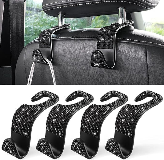LivTee Car Seat Headrest Hook, Auto Seat Hook Hangers Storage Organizer Interior Accessories for Purse Coats Umbrellas Grocery Bags Handbag, 4-Pack(Bling Black)