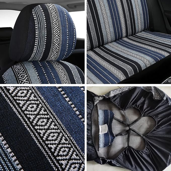 Baja Saddle Blanket Car Seat Covers 9PCS Full Set, Breathable and Washable Striped Woven Automotive Vehicle Seat Cover, Universal Seat Cover for Sedan, SUV, Truck, Airbag Compatible