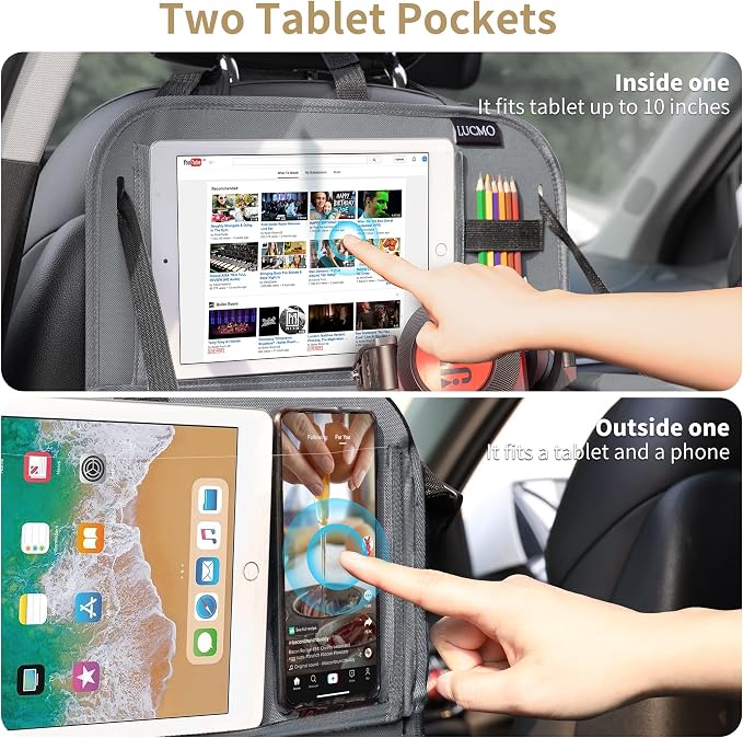 LUCMO Car Backseat Organizer with Foldable Tablet Holder, Grey | 6 Storage Pockets,Foldable Food Tray,Protectors Kick Mats,Travel Accessories,Seat Cover,Road Trip Essentials