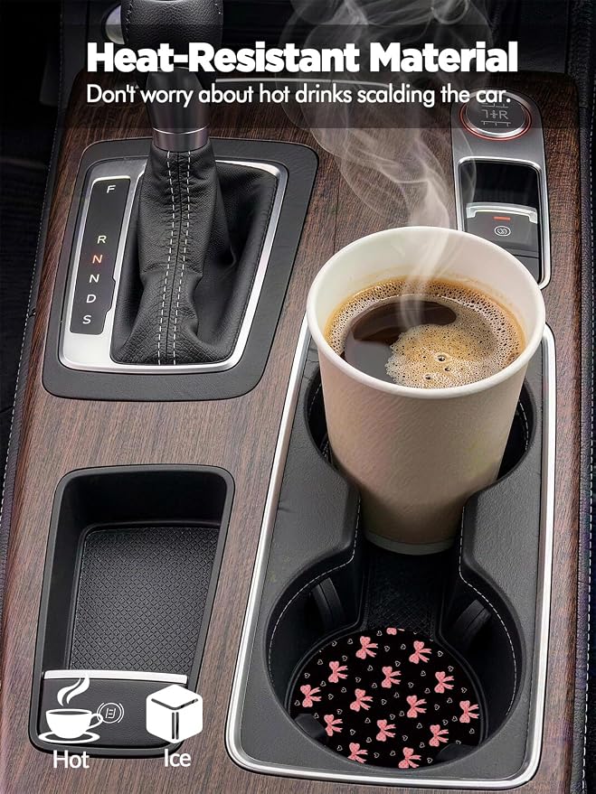 WOCOCN Car Coasters for Cup Holders - 2 Pack 2.75" Universal Rubber Car Cup Coaster, Non-Slip Waterproof Car Interior Accessories, Cute Car Decor Gifts for Women and Men (Bow)