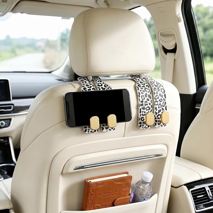 Car Hooks for Headrest: 2Pcs Car Headrest Hook with Leopard Leather | With Double Metal Hooks - Purse Hook For Car - Car Headrest Hooks - Car Bag Hooks for Purses, Handbags, Bags - White Leopard