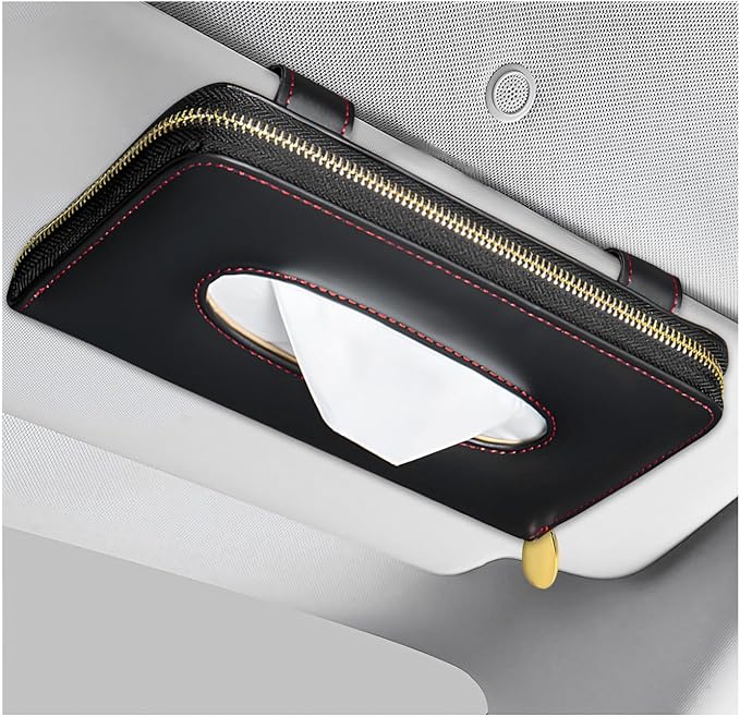 Car Tissue Holder, PU Leather Auto Sun Visor Tissue Case Napkin Holder with Zipper, Rectangular Mask Dispenser Hanging Paper Towel Organizer for Cars SUVs Trucks RVs (Black)