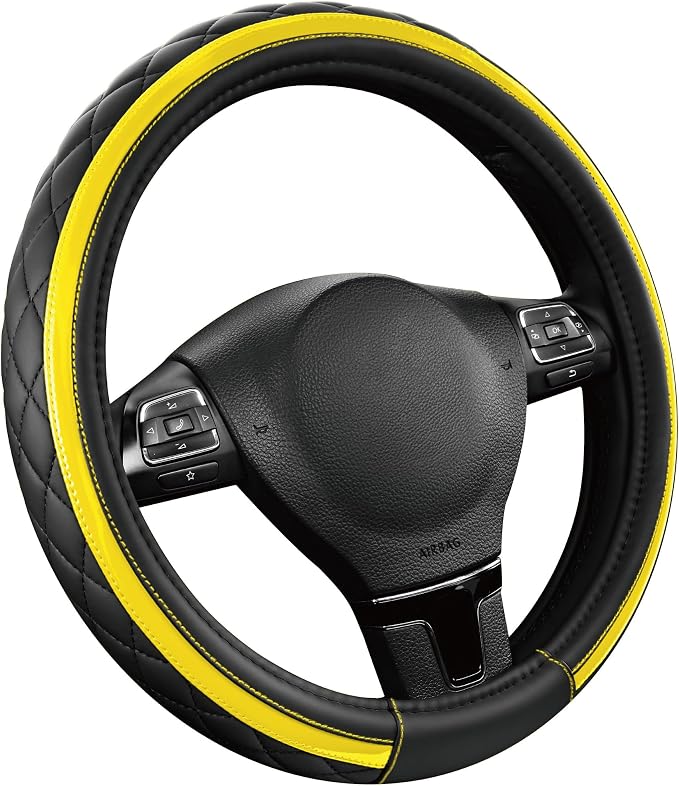 Road Comforts Leather Steering Wheel Cover – Black & Yellow, Universal Fit 14.5-15 Inch, Microfiber Leather, Anti-Slip & Breathable Design for Men and Women