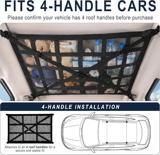 Car Ceiling Cargo Net, 35.4"x25.6" Double-Layer Overhead Roof Storage Organizer for SUV Truck Van, Camping Storage Mesh Net for Travel Road Trips, Van Life Essentials