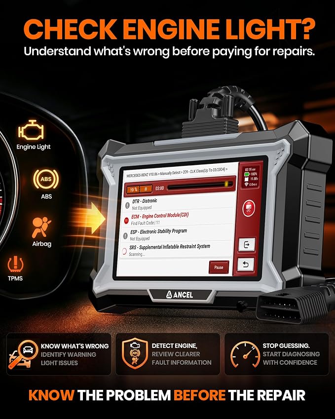 ANCEL DS200 OBD2 Scanner Full System Car Diagnostic Tool, Code Reader with 15+ Reset Services, ABS SRS Transmission Engine Scanner, Oil Reset Battery Matching ABS Bleeding DPF Regen, Lifetime Update