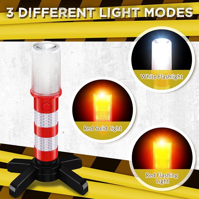 Riakrum 4 Pcs Emergency Roadside Flares Bulk Kit LED Safety Strobe Road Warning Light Bright Red Safety Beacon Strobe Light Roadside Flare Magnetic Base Detachable Stand Vehicle (Batteries Excluded)