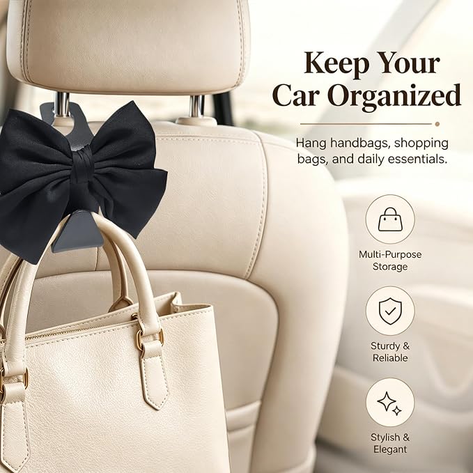 2 Pack Car Purse Hooks, Cute Bow Car Seat Headrest Hook Hanger for Purses and Bags, Space-Saving Car Accessory (Black silk)
