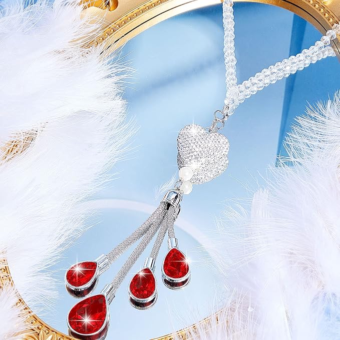 Frienda Bling Car Rear View Mirror Accessories for Women Gift Cute Heart Crystal Hanging Charm Diamond Decoration Lucky Interior Ornament Pendant(9.8 Inch,Red)