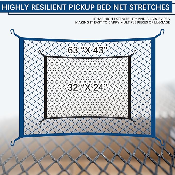 Elastic Cargo Net with Fixing Hooks D-Rings Luggage Cover for SUV Rear Trunk Bed Netting Cover ，Net Stretchable 32" x 24" Stretch to 63"x43"