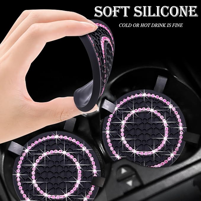 4PCS Bling Crystal Rhinestone Cup Holder Coaster, 2.75 inch Soft Silicone Anti-Slip Shockproof, Car Cup Holder Insert Coasters, Universal Car Interior Accessories for Women (Black & Pink)