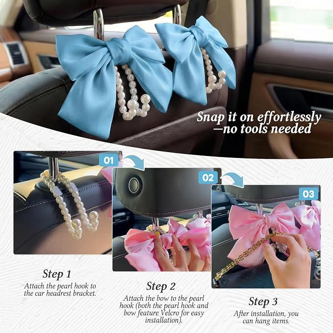 2PCS Satin Bow Pearl Car Seat Headrest Hooks – Car Bag Holder & Vehicle Hanger for Purses – Cute Coquette Aesthetic Interior Decoration – Cute Auto Organizer Accessories Universal (Sky Blue)