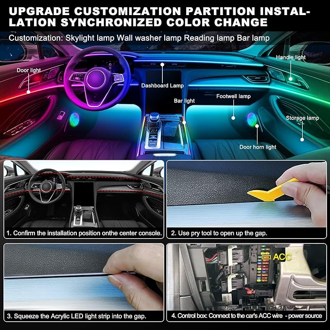 Dreamcolor Acrylic Interior Car LED Strip Light with Wireless APP, Dual Zone RGB 10 in 1 with 175 inches 593 Neon Car Ambient Lighting Kits, Music Sync LEDs Fiber Optic Strip Neon Lights for Car