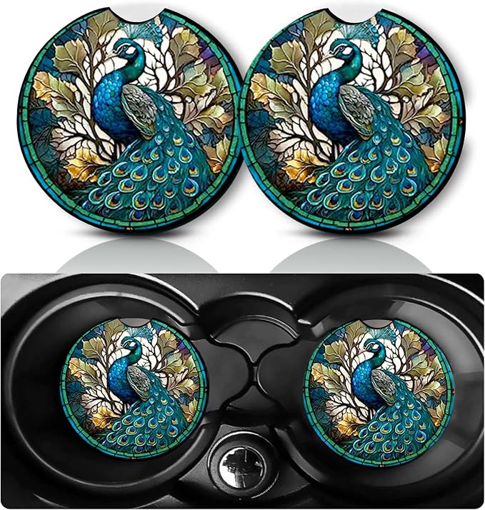 2 Pack Green Peacock Car Cup Holder Coasters Neoprene Anti Slip Rubber Mat | Peacock Car Accessories Interior Decor 2.75" Universal Size Insert Auto Coasters Gifts for Women Men