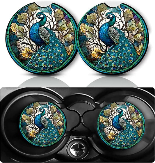 2 Pack Green Peacock Car Cup Holder Coasters Neoprene Anti Slip Rubber Mat | Peacock Car Accessories Interior Decor 2.75" Universal Size Insert Auto Coasters Gifts for Women Men
