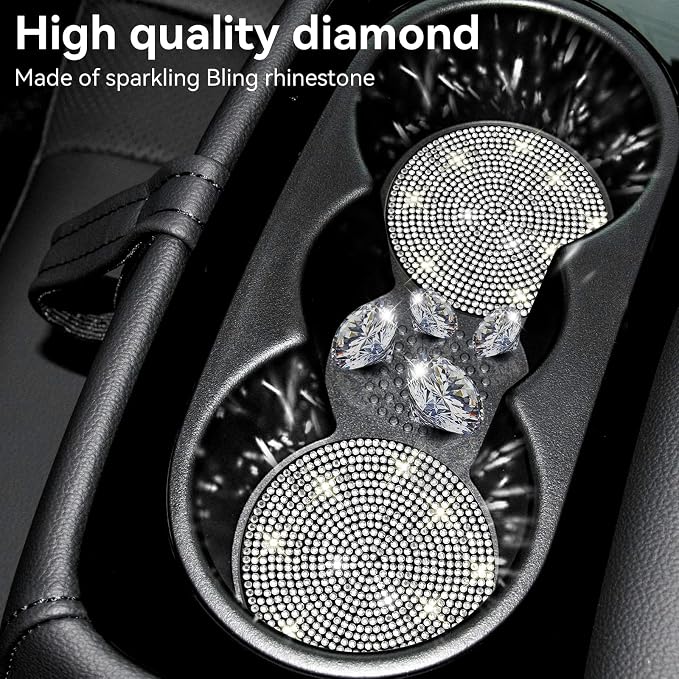 SINGARO Bling Cup Holder Coasters for Car, 2PCS Universal Non-Slip Cup Holder, Embedded Decorative Coasters, Shiny Crystal Car Interior Accessories Gifts for Women (White)