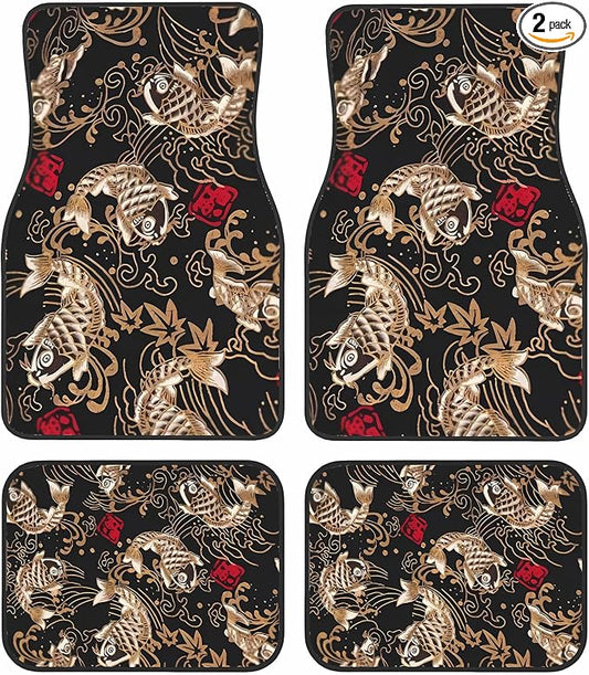 Universal Fit Car Floor Mats Set of 4Pcs, Retro Koi Pattern All-Weather Front Rear Car Carpet Mats, Non-Slip Car Floor Mat Car Accessories for Automotive Trucks SUV Sedans Vans