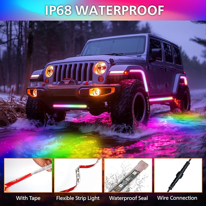 Underglow LED Light Kit 180 RGBI DIY Neon Strip for Car Truck | Underbody Exterior Accent Lighting with 16 Million Colors Music Sync Mode, for RV, SUV, Boat, Vans, 12V DC, IP65 Waterproof